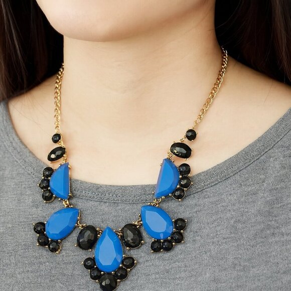 kate spade Jewelry - Kate Spade Blue Statement Chunky Teardrop Bib Necklace Gold Tone Black Crystal